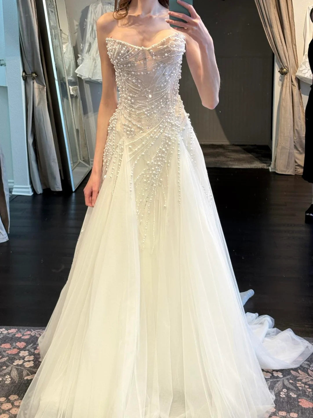 Modest A-Line Long Wedding Dress Beaded Tulle Strapless White Bridal Gown Sleeveless Bridal Dress  DP04800