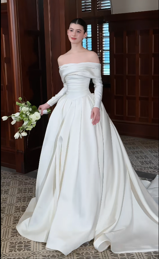 Modest A-Line Long Wedding Dress Satin Off-shoulder White Bridal Gown Long Sleeves Bridal Dress DP04801