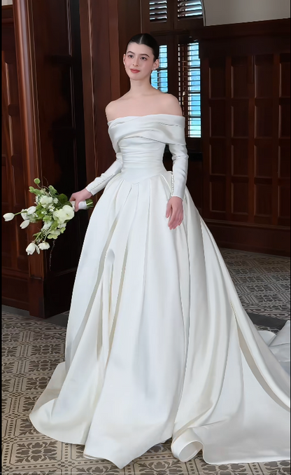 Modest A-Line Long Wedding Dress Satin Off-shoulder White Bridal Gown Long Sleeves Bridal Dress DP04801