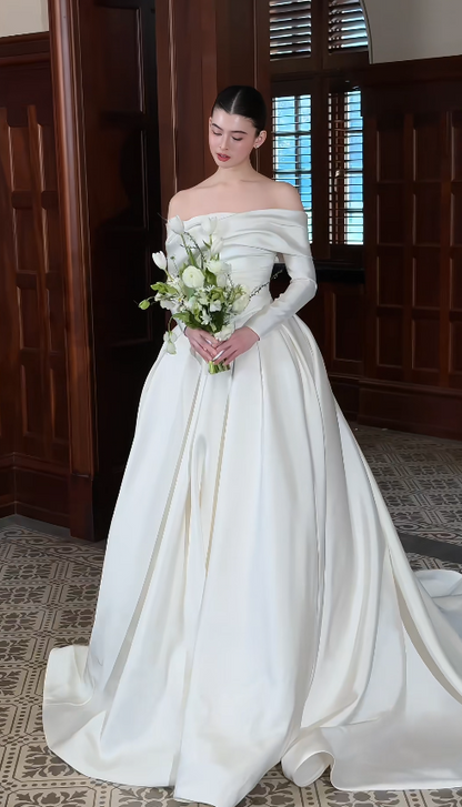 Modest A-Line Long Wedding Dress Satin Off-shoulder White Bridal Gown Long Sleeves Bridal Dress DP04801