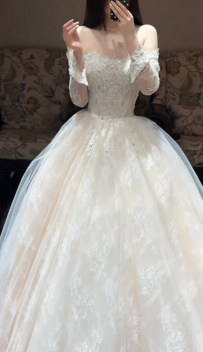 Modest A-Line Long Wedding Dress Lace Off-shoulder White Bridal Gown Long Sleeves Bridal Dress DP04803