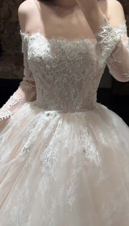 Modest A-Line Long Wedding Dress Lace Off-shoulder White Bridal Gown Long Sleeves Bridal Dress DP04803