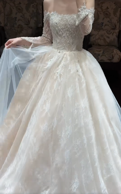 Modest A-Line Long Wedding Dress Lace Off-shoulder White Bridal Gown Long Sleeves Bridal Dress DP04803