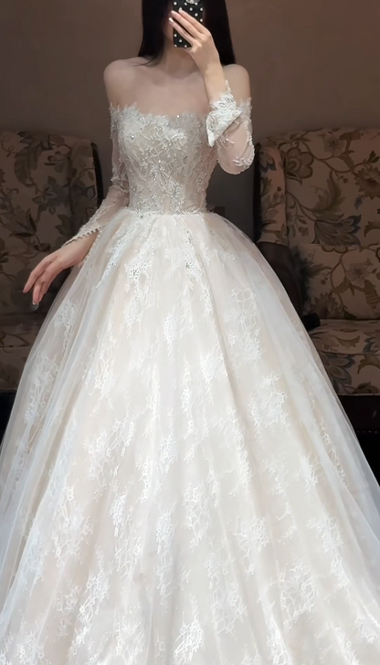Modest A-Line Long Wedding Dress Lace Off-shoulder White Bridal Gown Long Sleeves Bridal Dress DP04803
