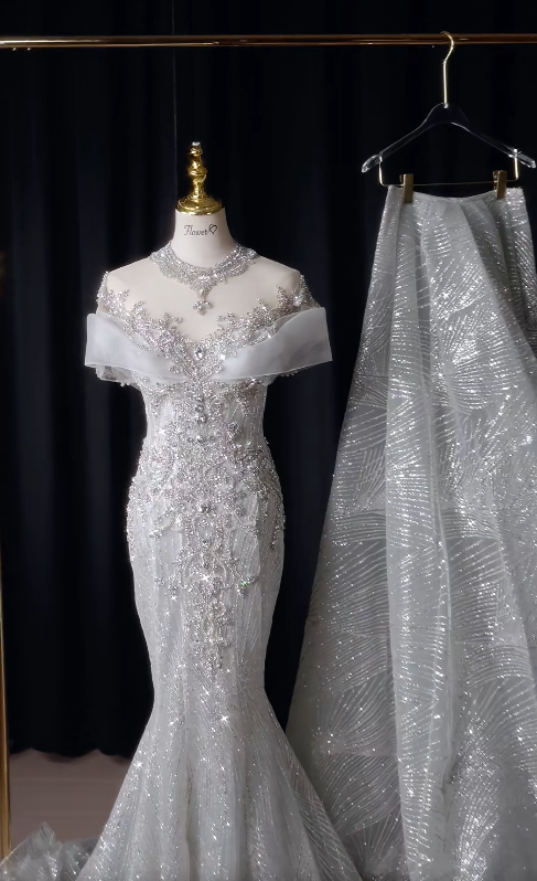 Modest Mermaid Long Wedding Dress Beaded Tulle Off-shoulder White Bridal Gown Cup Sleeves Bridal Dress DP04804