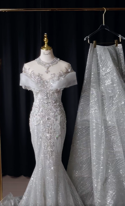 Modest Mermaid Long Wedding Dress Beaded Tulle Off-shoulder White Bridal Gown Cup Sleeves Bridal Dress DP04804