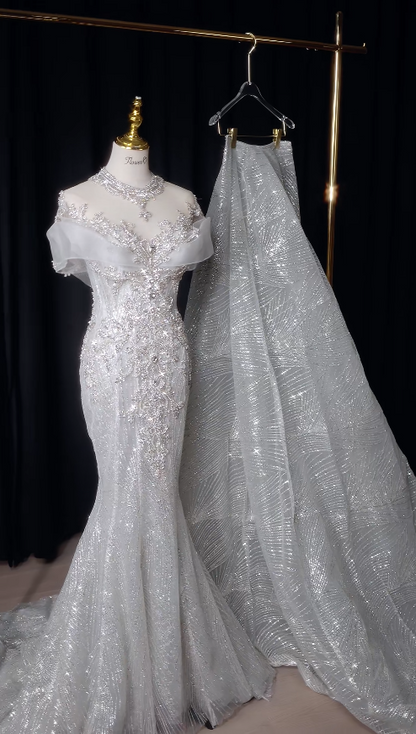 Modest Mermaid Long Wedding Dress Beaded Tulle Off-shoulder White Bridal Gown Cup Sleeves Bridal Dress DP04804