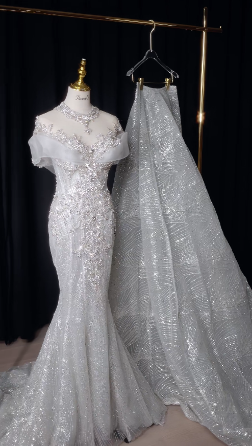 Modest Mermaid Long Wedding Dress Beaded Tulle Off-shoulder White Bridal Gown Cup Sleeves Bridal Dress DP04804