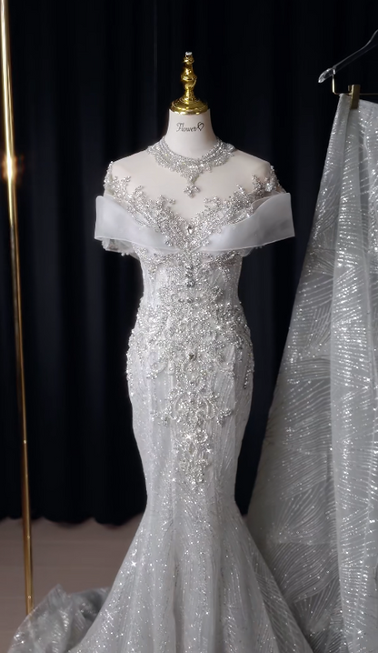 Modest Mermaid Long Wedding Dress Beaded Tulle Off-shoulder White Bridal Gown Cup Sleeves Bridal Dress DP04804