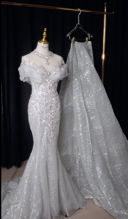 Modest Mermaid Long Wedding Dress Beaded Tulle Off-shoulder White Bridal Gown Cup Sleeves Bridal Dress DP04804