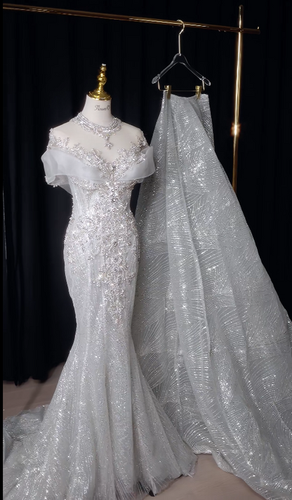 Modest Mermaid Long Wedding Dress Beaded Tulle Off-shoulder White Bridal Gown Cup Sleeves Bridal Dress DP04804