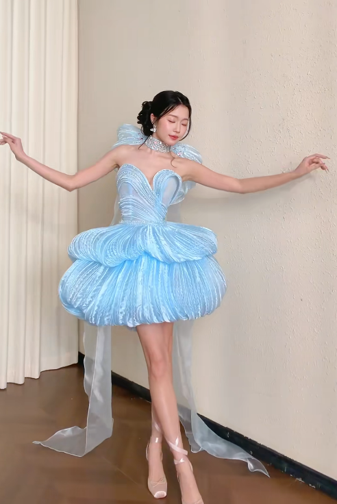 Cute A-line Blue Short Prom Dress Tulle Sweetheart Party Dress Sleeveless Birthday Dress DP04812