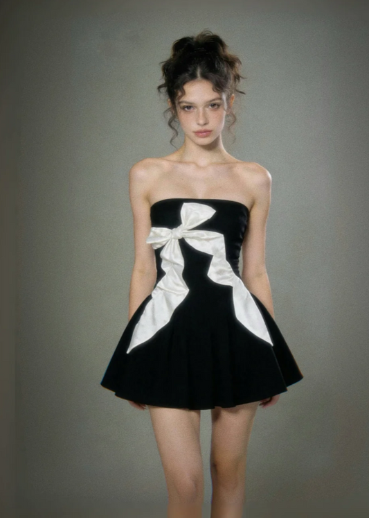 Cute A-line Black Short Prom Dress Satin Strapless Party Dress Sleeveless Birthday Dress DP04814