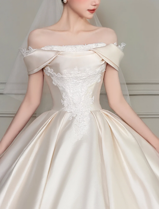 Timeless A-line Long Wedding Dress Satin Off-shoulder Bridal Dress Cup Sleeves Birdal Gowns DP04816