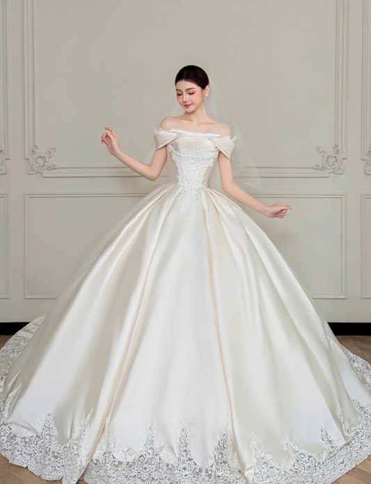 Timeless A-line Long Wedding Dress Satin Off-shoulder Bridal Dress Cup Sleeves Birdal Gowns DP04816