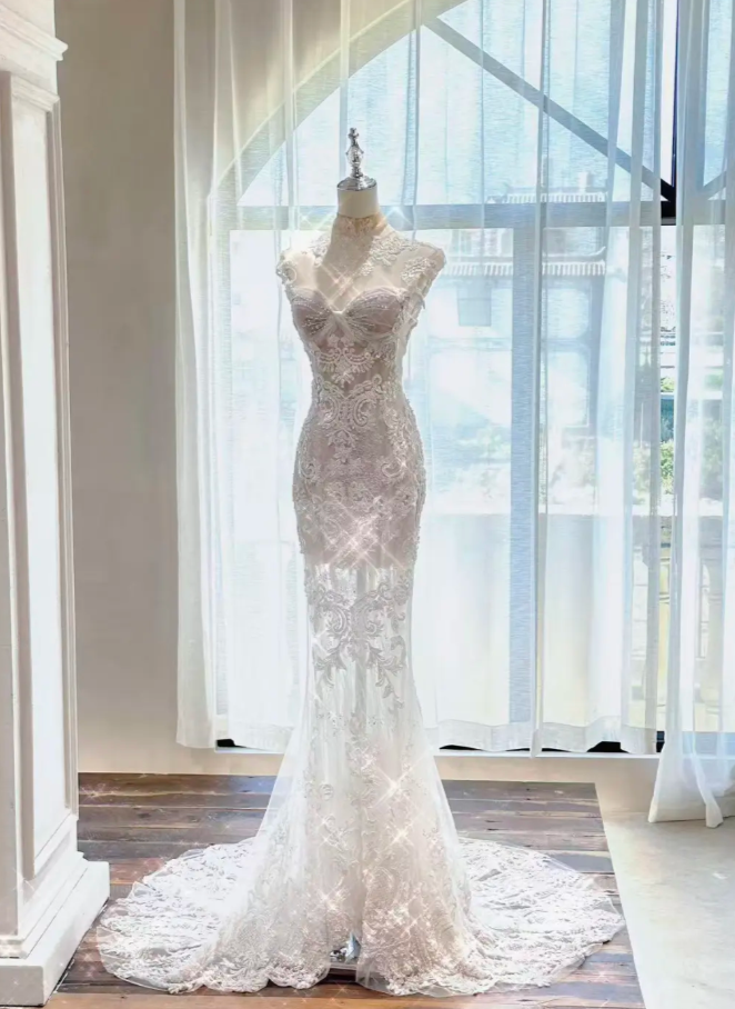 Timeless Mermaid Long Wedding Dress Applique Tulle White Bridal Dress Beaded Sleeveless Bridal Gown DP04819