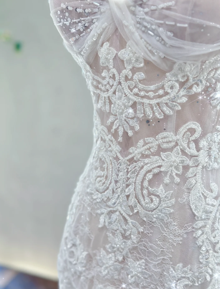 Timeless Mermaid Long Wedding Dress Applique Tulle White Bridal Dress Beaded Sleeveless Bridal Gown DP04819