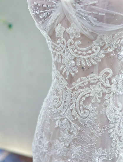 Timeless Mermaid Long Wedding Dress Applique Tulle White Bridal Dress Beaded Sleeveless Bridal Gown DP04819