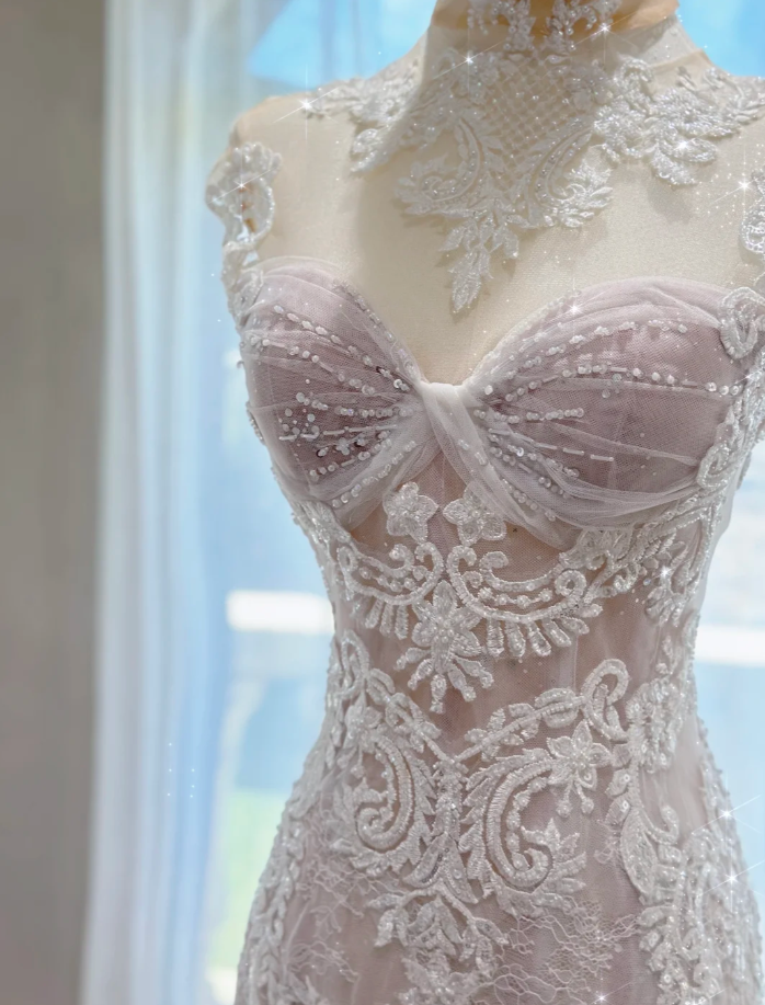 Timeless Mermaid Long Wedding Dress Applique Tulle White Bridal Dress Beaded Sleeveless Bridal Gown DP04819