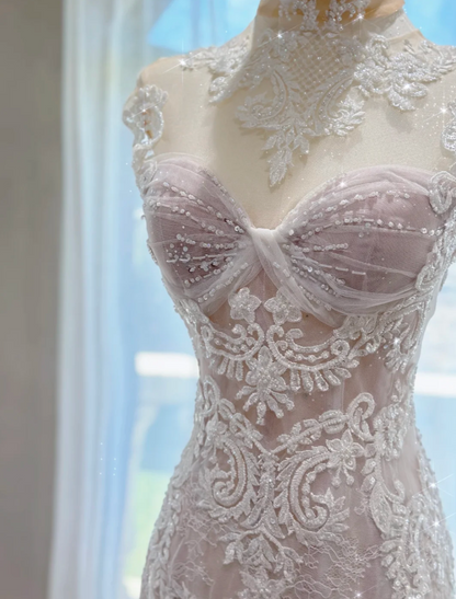 Timeless Mermaid Long Wedding Dress Applique Tulle White Bridal Dress Beaded Sleeveless Bridal Gown DP04819