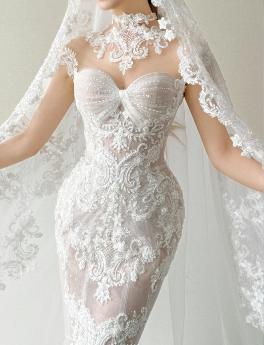 Gorgeous Mermaid Long Wedding Dress Applique Tulle White Bridal Dress Beaded Sleeveless Bridal Gown DP04822