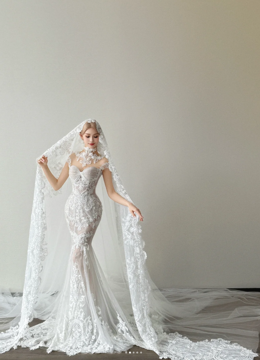 Gorgeous Mermaid Long Wedding Dress Applique Tulle White Bridal Dress Beaded Sleeveless Bridal Gown DP04822