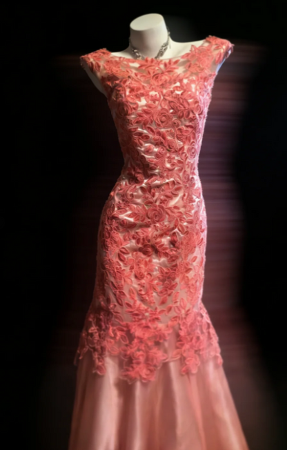 Elegant Mermaid Coral Long Prom Dress Tulle Applique Bateau Evening Dress Sleeveless Party Dress DP04827