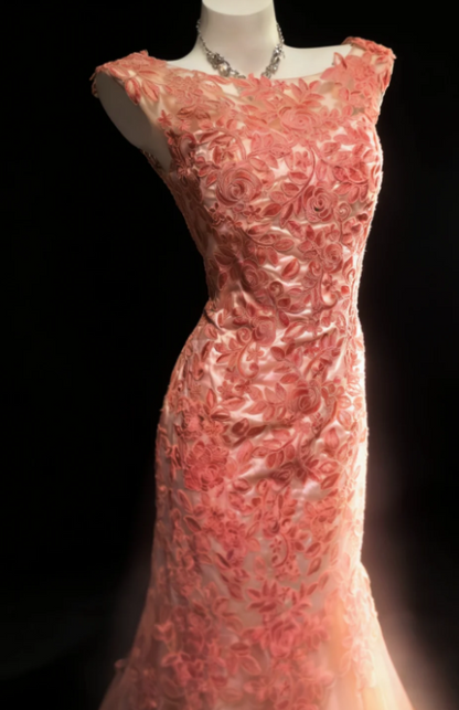 Elegant Mermaid Coral Long Prom Dress Tulle Applique Bateau Evening Dress Sleeveless Party Dress DP04827