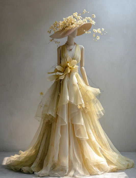 Fairy A-Line Yellow Long Prom Dress Tulle V-Neck Evening Dress Sleeveless Birthday Dress DP04829