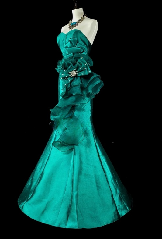 Chic Mermaid Turquoise Long Prom Dress Satin Flowers Sweetheart Evening Dress DP04830
