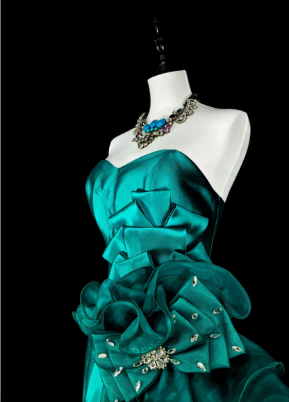 Chic Mermaid Turquoise Long Prom Dress Satin Flowers Sweetheart Evening Dress DP04830