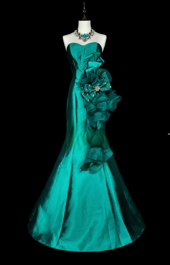 Chic Mermaid Turquoise Long Prom Dress Satin Flowers Sweetheart Evening Dress DP04830