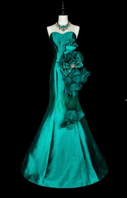 Chic Mermaid Turquoise Long Prom Dress Satin Flowers Sweetheart Evening Dress DP04830