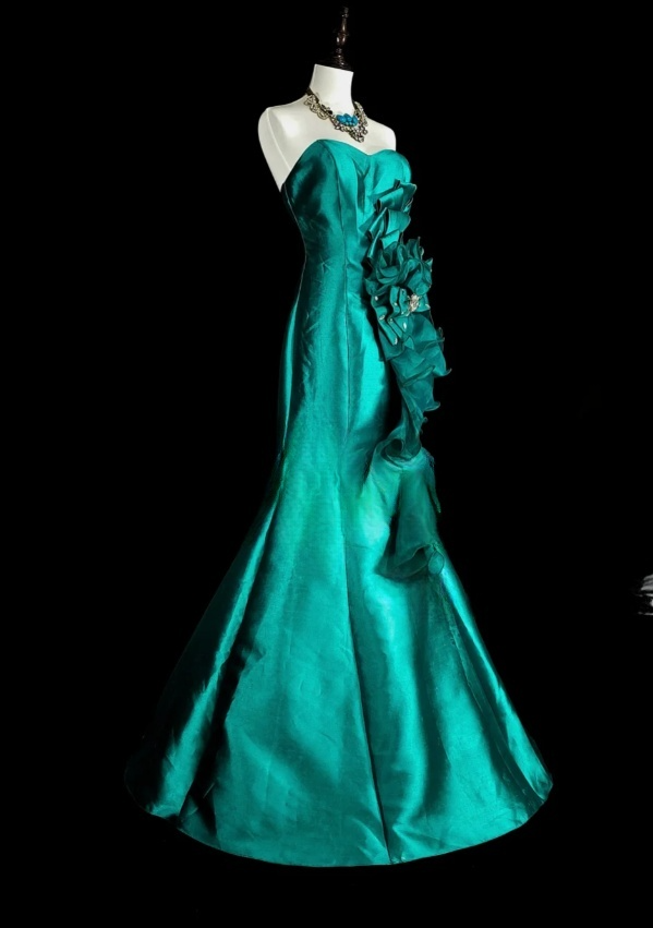 Chic Mermaid Turquoise Long Prom Dress Satin Flowers Sweetheart Evening Dress DP04830