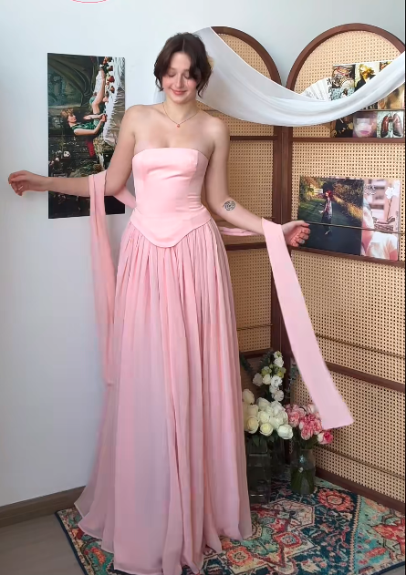 Chic A-Line Pink  Long Prom Dress Satin Tulle Strapless Evening Dress Sleevless Birthday Dress DP04831
