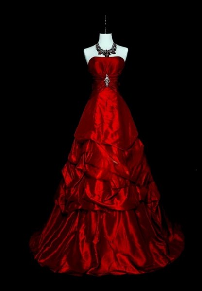 Chic A-Line Burgundy Long Prom Dress Satin Strapless Evening Dress Sleevless Birthday Dress DP04832