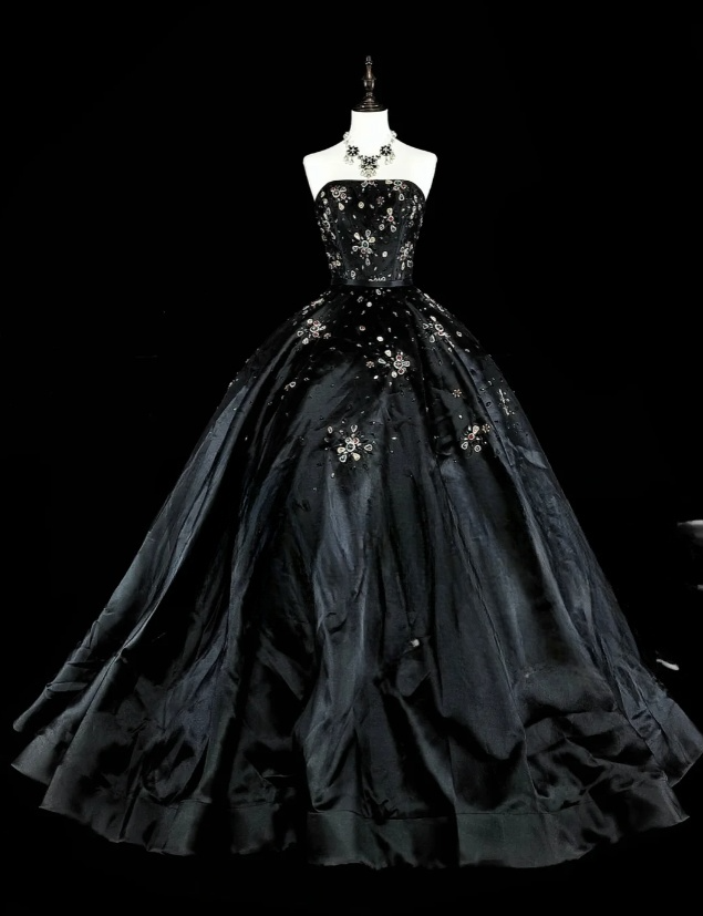 Chic A-Line Black Long Prom Dress Satin Rhinstones Strapless Evening Dress Sleevless Birthday Dress DP04833