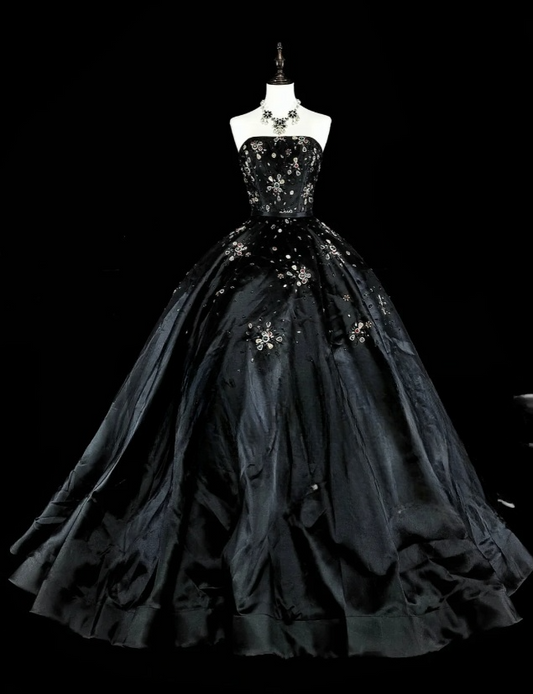 Chic A-Line Black Long Prom Dress Satin Rhinstones Strapless Evening Dress Sleevless Birthday Dress DP04833
