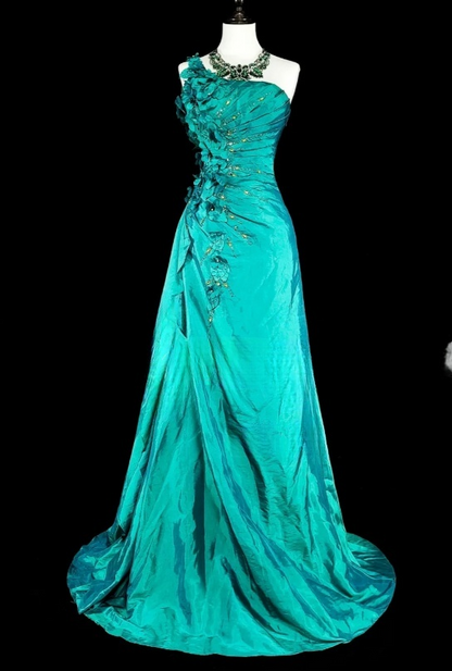 Chic Sheath Turquoise Long Prom Dress Satin Applique One-shoulder Evening Dress Sleevless Birthday Dress DP04834