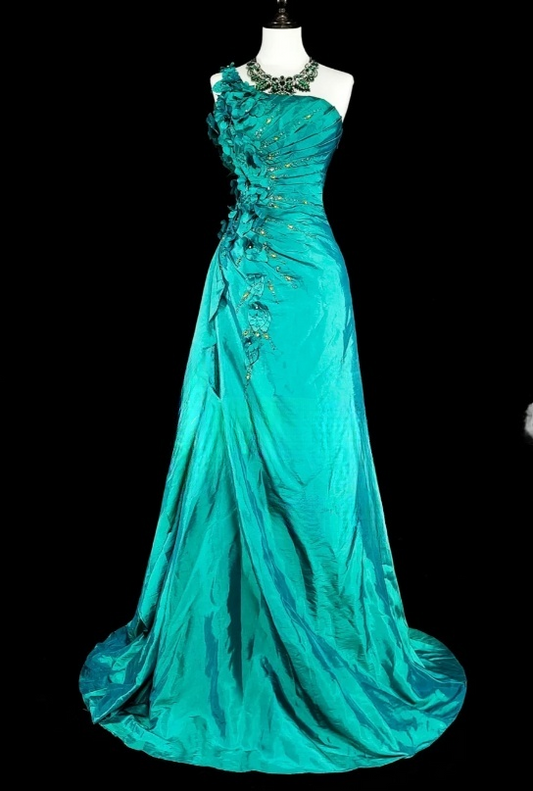 Chic Sheath Turquoise Long Prom Dress Satin Applique One-shoulder Evening Dress Sleevless Birthday Dress DP04834