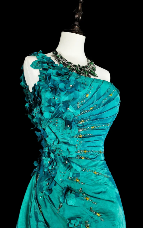 Chic Sheath Turquoise Long Prom Dress Satin Applique One-shoulder Evening Dress Sleevless Birthday Dress DP04834