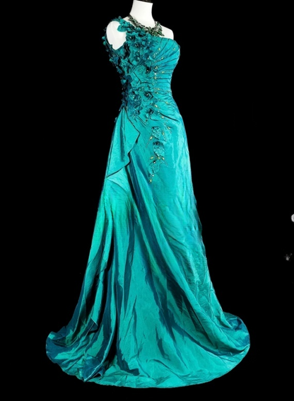 Chic Sheath Turquoise Long Prom Dress Satin Applique One-shoulder Evening Dress Sleevless Birthday Dress DP04834