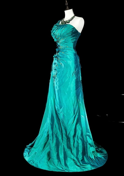 Chic Sheath Turquoise Long Prom Dress Satin Applique One-shoulder Evening Dress Sleevless Birthday Dress DP04834