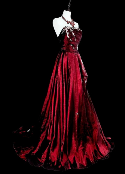 Chic A-Line Burgundy Long Prom Dress Satin Applique Strapless Evening Dress Sleevless Birthday Dress DP04835