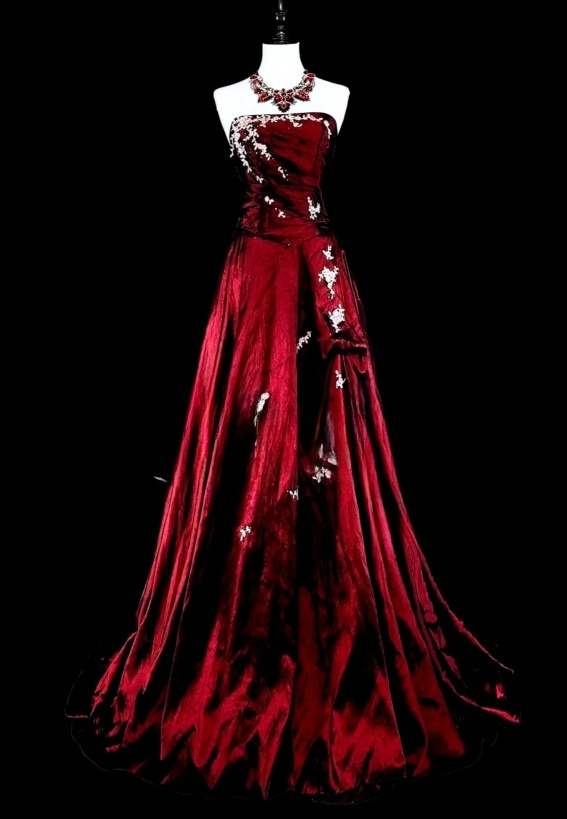 Chic A-Line Burgundy Long Prom Dress Satin Applique Strapless Evening Dress Sleevless Birthday Dress DP04835