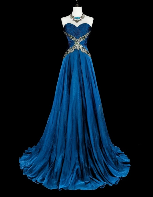 Chic A-Line Blue Long Prom Dress Chiffon Sweetheart Evening Dress Sleevless Birthday Dress DP04836