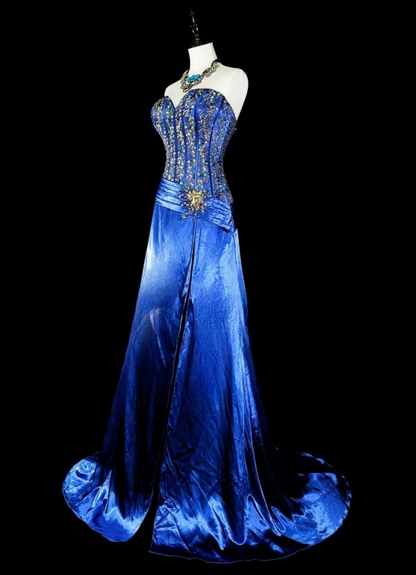 Chic Sheath Blue Long Prom Dress Satin Beaded Sweetheart Evening Dress Sleevless Birthday Dress DP04837