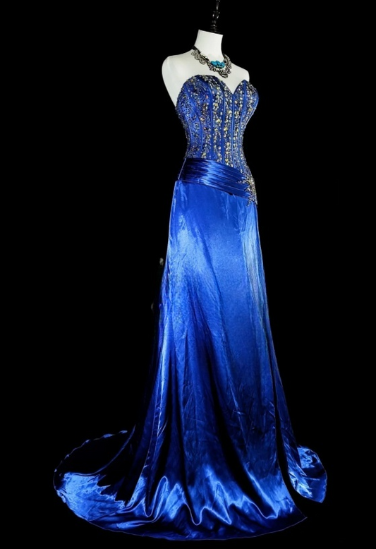 Chic Sheath Blue Long Prom Dress Satin Beaded Sweetheart Evening Dress Sleevless Birthday Dress DP04837