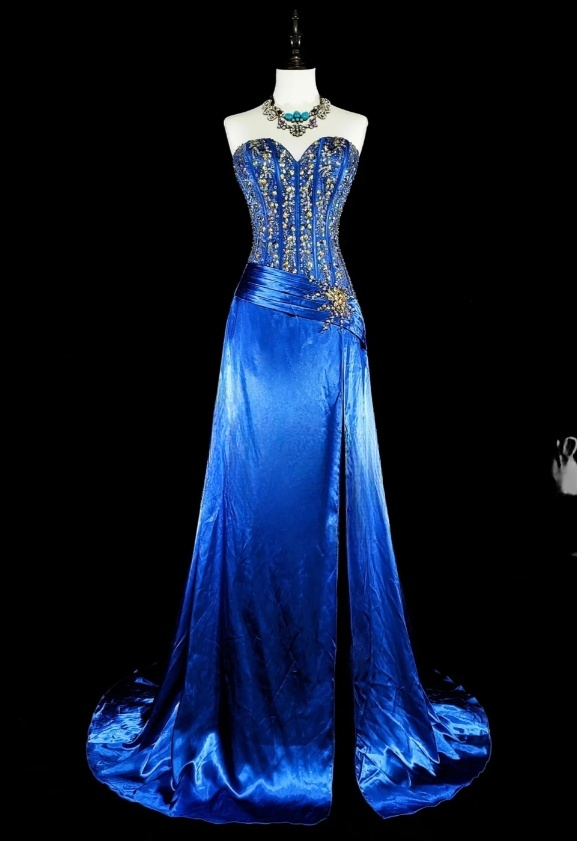 Chic Sheath Blue Long Prom Dress Satin Beaded Sweetheart Evening Dress Sleevless Birthday Dress DP04837