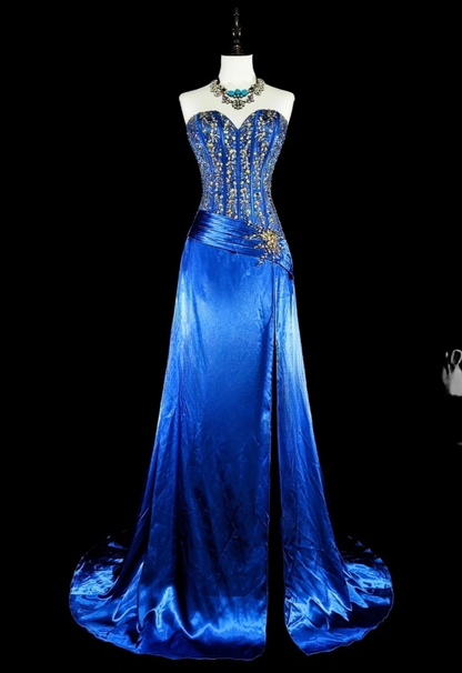 Chic Sheath Blue Long Prom Dress Satin Beaded Sweetheart Evening Dress Sleevless Birthday Dress DP04837